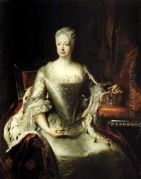 Portrait Of Queen Sophie Dorothea Of Prussia In A White Dress Holding A Fan And Her Crown - view 1