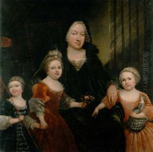 Portrait Of The Empress Maria Theresa With Her Three Daughters, One Holding A Flag, One A Bunch Of Flowers And The Other A Doll by Antoine Pesne