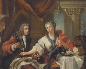 Galant Scene Med Herre Og Dame, Der Spiser Osters Og Drikker Vin by Antoine Pesne