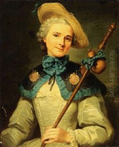 A Portrait Of A Lady Dressed As A Pilgrim Wearing A White Dress With Blue Cape And Holding A Shepherd's Staff