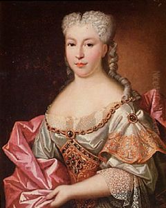 Portrait Of A Lady Wearing A White Embroidered Dress With Lace Trim And A Pink Wrap
