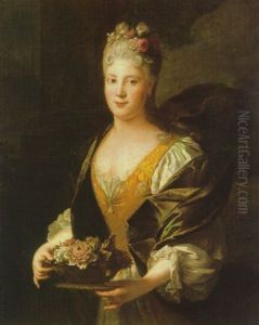 Portrait Of A Lady As Flora, Wearing A White Dress With A Green Shawl, Holding A Basket Of Flowers, Standing Before A Column