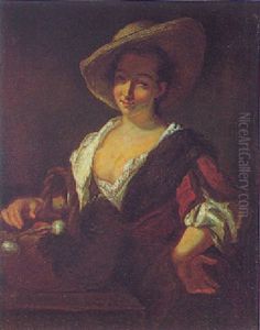 A Peasant Girl With A Straw Hat Beside A Basket Of Vegetables On A Stone Ledge