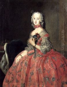 Portrait Of A Lady Seated Beside A Table With A Crown, Wearing A Pink Dress, Holding A Posy Of Flowers