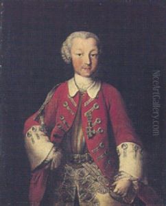 Portrait Of A Young Boy Wearing A Scarlet Tunic, His Right Hand Resting On A Sword
