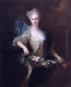 Portrait Of A Young Lady Wearing A Green Silk Dress And Blue Stole, Holding A Garland Of Flowers Beside A Fountain