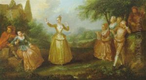 Eine Dame Tanzt Vor Einer Eleganten Gesellschaft Im Freien by Antoine Pesne