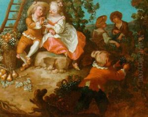 Harvest Scene With Figures Picking Grapes And An Amorous Couple Seated On A Rock Harvest Scene With Figures Picking Grapes And An Amorous Couple Seated On A Rock