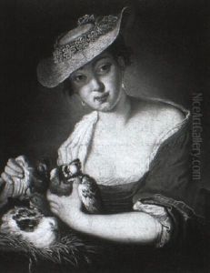 Jeune Fille Au Chapeau De Paille Tenant Deux Pigeons Pres D'un Nid by Antoine Pesne