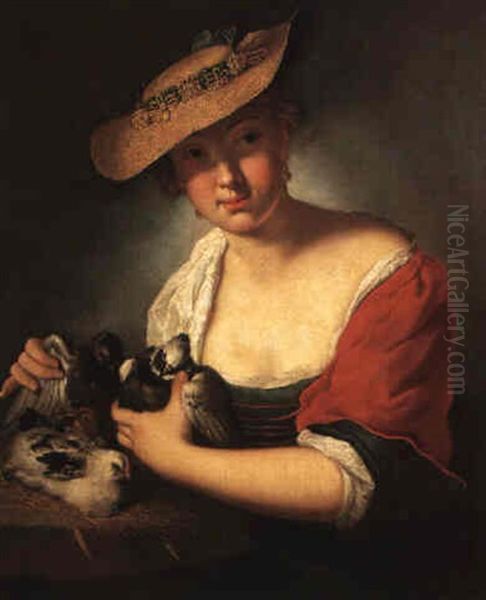 Girl In A Straw Hat Holding Pigeons With Birds On A Ledge - view 1