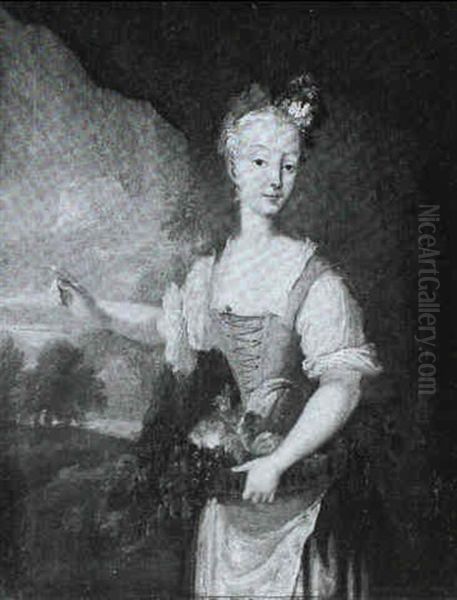 A Portrait Of A Young Lady, Three-quarter Length, Standing Before A Landscape, Holding A Basket Of Fruit - view 1