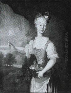 A Portrait Of A Young Lady, Three-quarter Length, Standing  Before A Landscape, Holding A Basket Of Fruit