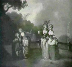 Elegant Ladies Strolling In A Garden Before A Loving Couple Seated On A Bench