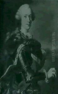 Portrait Of A Gentleman Said To Be Count Chevalier Standing Three-quarter Length In Armor Draped With A Blue Velvet by Antoine Pesne