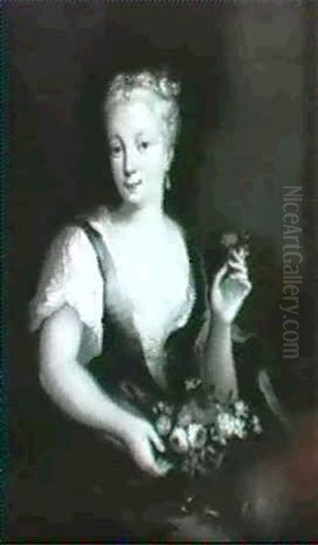 Portrait Of A Lady, Seated Small Three-quarter Length, Holding A Basket Of Flowers In A Landscape - view 1