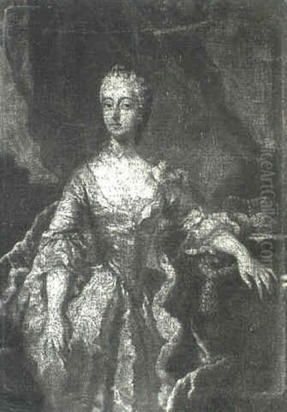Portrait Of A Queen, Possibly Maria Leczinka, Standing Three-quarter Length In A Draped Collonade Beside A Table - view 1