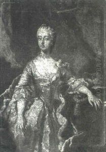 Portrait Of A Queen, Possibly Maria Leczinka, Standing      Three-quarter Length In A Draped Collonade Beside A Table