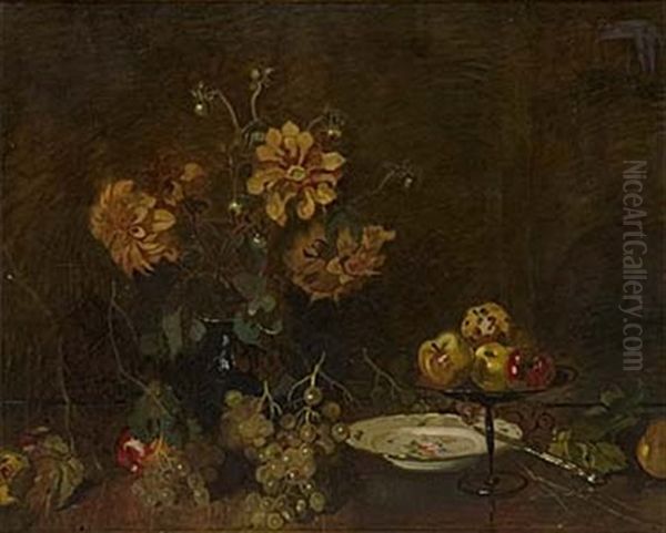 Stilleben Med Dahlia, Applen Och Druvor - view 1