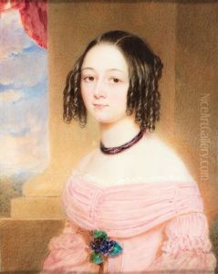 A Portrait Of A Countess Szechy In A Pink Dress Kleid With A Bouquet Of Violets Against A Column And Cloudy Background