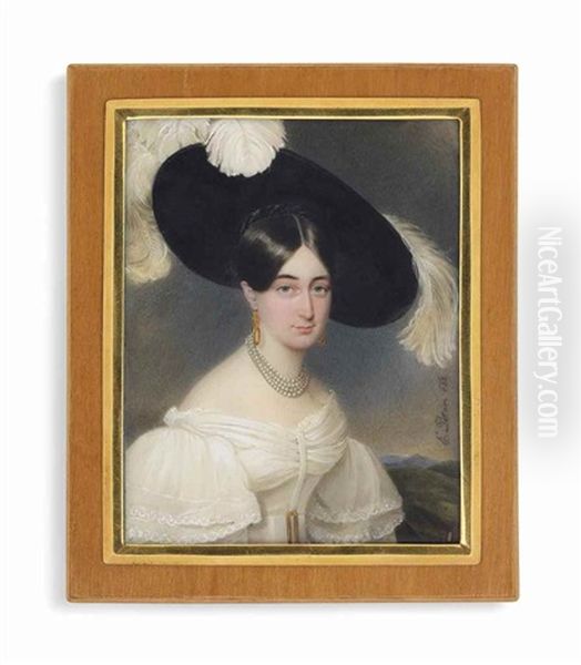 A Young Lady, In White Dress, Wearing Four-strand Pearl Necklace, Gold Earrings, Large Black Hat With White Ostrich Plumes; Landscape Background - view 1