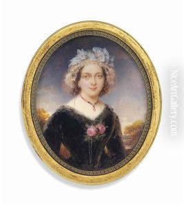 A Young Lady, In Brown Dress With Pink Roses At Corsage, Wearing Gold Cross On A Pink Ribbon Around Her Neck And A Long Chain, An Emerald And Diamond Earring by Emanuel Thomas Peter