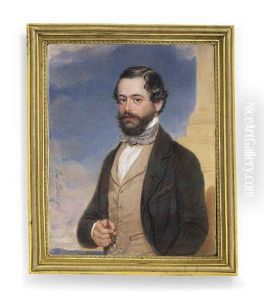 A Young Gentleman, In Mahogany-brown Coat With Green Weave, Buff Waistcoat From Which Hangs A Gold Chain, Patterned Brown Cravat, Holding A Cigar In His Right Hand; Column And Sky Background A Young Gentleman, In Mahogany-brown Coat With Green Weave, Buff Waistcoat From Which Hangs A Gold Chain, Patterned Brown Cravat, Holding A Cigar In His Right Hand; Column And Sky Background