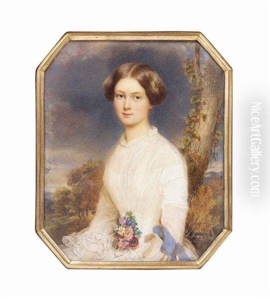 Countess Caroline Wimpffen, Nee Lamberg (b. 1830), Seated In A White Dress With Frilled Collar And Cuffs, A Posy Of Flowers At Her Waist, Her Dark Hair Upswept; Tree And Landscape Background - view 1