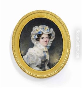 A Young Lady, In Frilled White Dress With Blue Bodice And Voluminous White Sleeves, Frilled White Bonnet Adorned With Yellow And Blue Striped Ribbon Tied In Bows And Fastened Under Her Chin