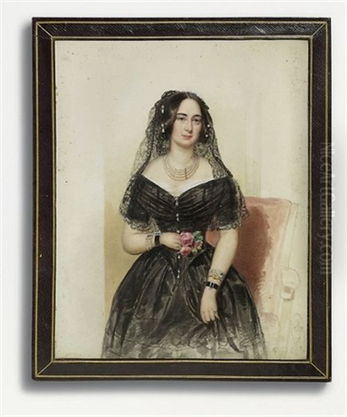 A Lady, In Black Satin Decollete Dress, Bordered With White Lace, Diamond And Pearl Buttons, Four-strand Pearl Necklace, Black Velvet Bracelets With Diamond Buckles On Both Wrists - view 1