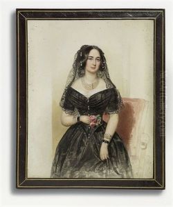 A Lady, In Black Satin Decollete Dress, Bordered With White Lace, Diamond And Pearl Buttons, Four-strand Pearl Necklace, Black Velvet Bracelets With Diamond Buckles On Both Wrists