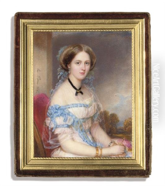 A Young Lady, In White Dress With Blue Ribbons At Corsage - view 1