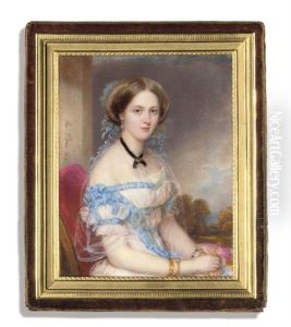 A Young Lady, In White Dress With Blue Ribbons At Corsage