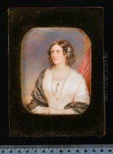 A Lady, Wearing White Dress Trimmed With Lace, Black Lace Shawl, Long String Of Pearls Held At Her Corsage With Emerald Brooch