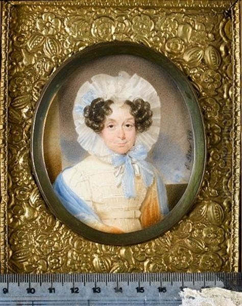 A Lady Wearing Yellow Dress With White Braiding, Pale Blue Shawl Lined With Yellow And Large White Gauze Bonnet Tied Beneath Her Chin With Wide Pale Blue Ribbon - view 1