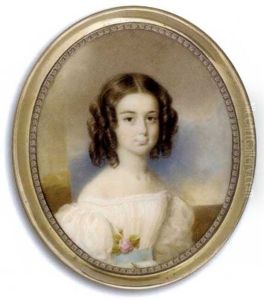 A Girl In White Dress With Voluminous Sleeves, Pink Rose And Foliage Tucked Into Her Blue Sash, Her Dark Brown Hair Dressed In Ringlets, Pillar, Sky And Cloud Background