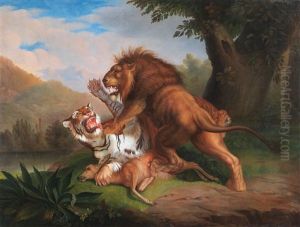 A Tiger And A Lion Fight Over A Fawn by Wenceslaus (Wenzel) Peter