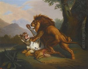 A Lion And Tiger In Combat by Wenceslaus (Wenzel) Peter