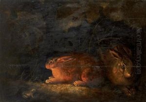Deux Lievres Tapis Dans Les Marais by Wenceslaus (Wenzel) Peter