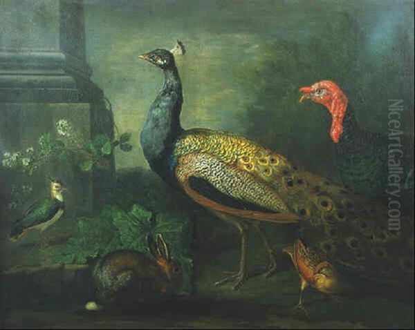 A Peacock, A Turkey, Other Birds And A Rabbit By A Classical Column - view 1