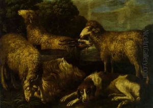 Sheep By A Goat And A Dog by Wenceslaus (Wenzel) Peter