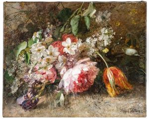 Sommerliches Wiesenstilleben Mit Pfingstrosen, Tulpen, Narzissen Und Flieder by Anna Peters