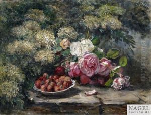 Stilleben Mit Pfingstrosen Und Erdbeeren In Einer Blau-weisen Schale Auf Einer Gartenmauer Stilleben Mit Pfingstrosen Und Erdbeeren In Einer Blau-weisen Schale Auf Einer Gartenmauer