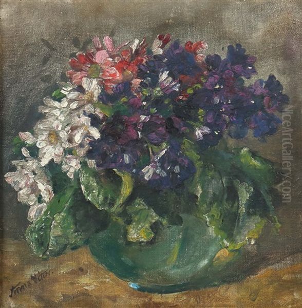Stillleben Mit Bunten Fruhlingsblumen In Gruntoniger Kugelvase - view 1