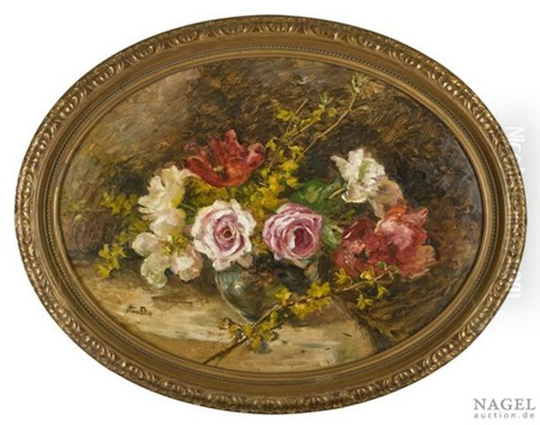 Blumenstilleben Mit Rosen, Mohn Und Zweigen In Einer Vase - view 1