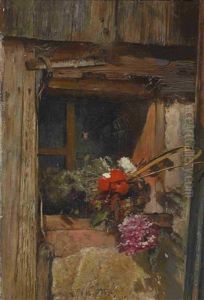 Sommerblumen In Der Fensterlaibung Eines Bauernhauses