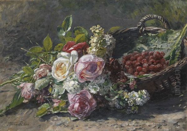 Blumenstillleben Mit Rosen Und Einem Weidenkorb Mit Himbeeren - view 1