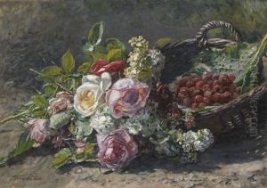 Blumenstillleben Mit Rosen Und Einem Weidenkorb Mit Himbeeren by Anna Peters