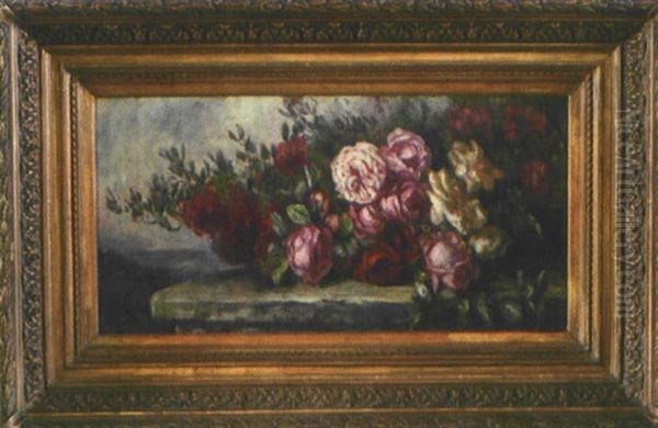 Stillleben Mit Rosen Auf Balustrade Vor Weiter Landschaft - view 1