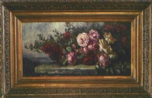 Stillleben Mit Rosen Auf Balustrade Vor Weiter Landschaft