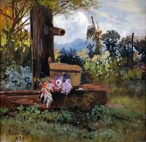 Sommerlicher Garten Mit Blumenbukett Und Holztrog An Einem Brunnen by Anna Peters